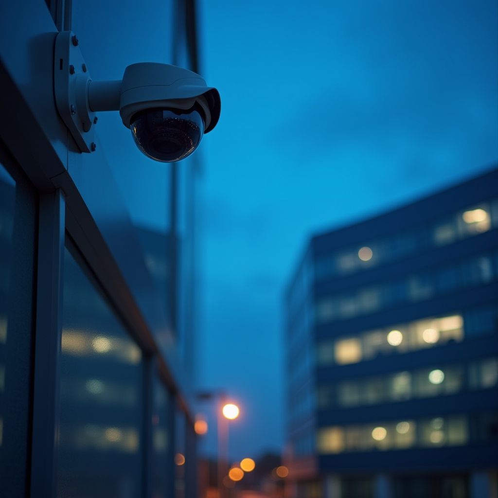 Modern IP security cameras mounted on commercial building exterior in New Hampshire